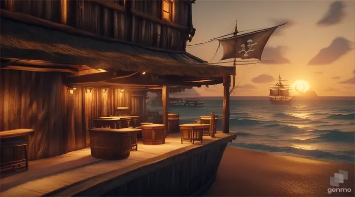 big tavern of pirates on the island's port alone on the sea, at sunset