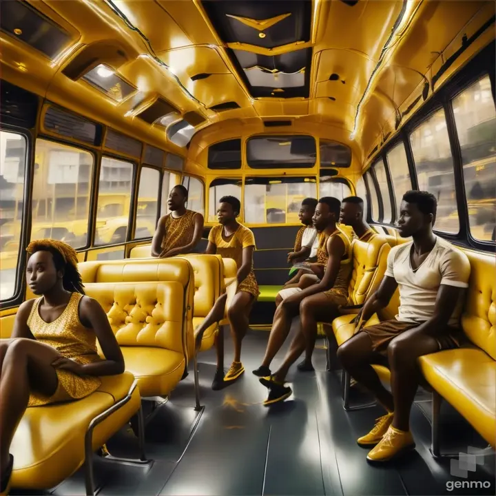 a group of people sitting on a yellow bus