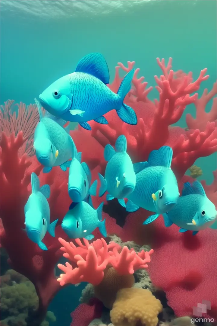 a group of blue plastic fish on top of a coral