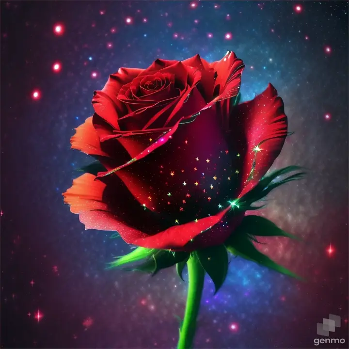 generate a red glowing and rotating rose made of stars with glitter on black background in a squared format