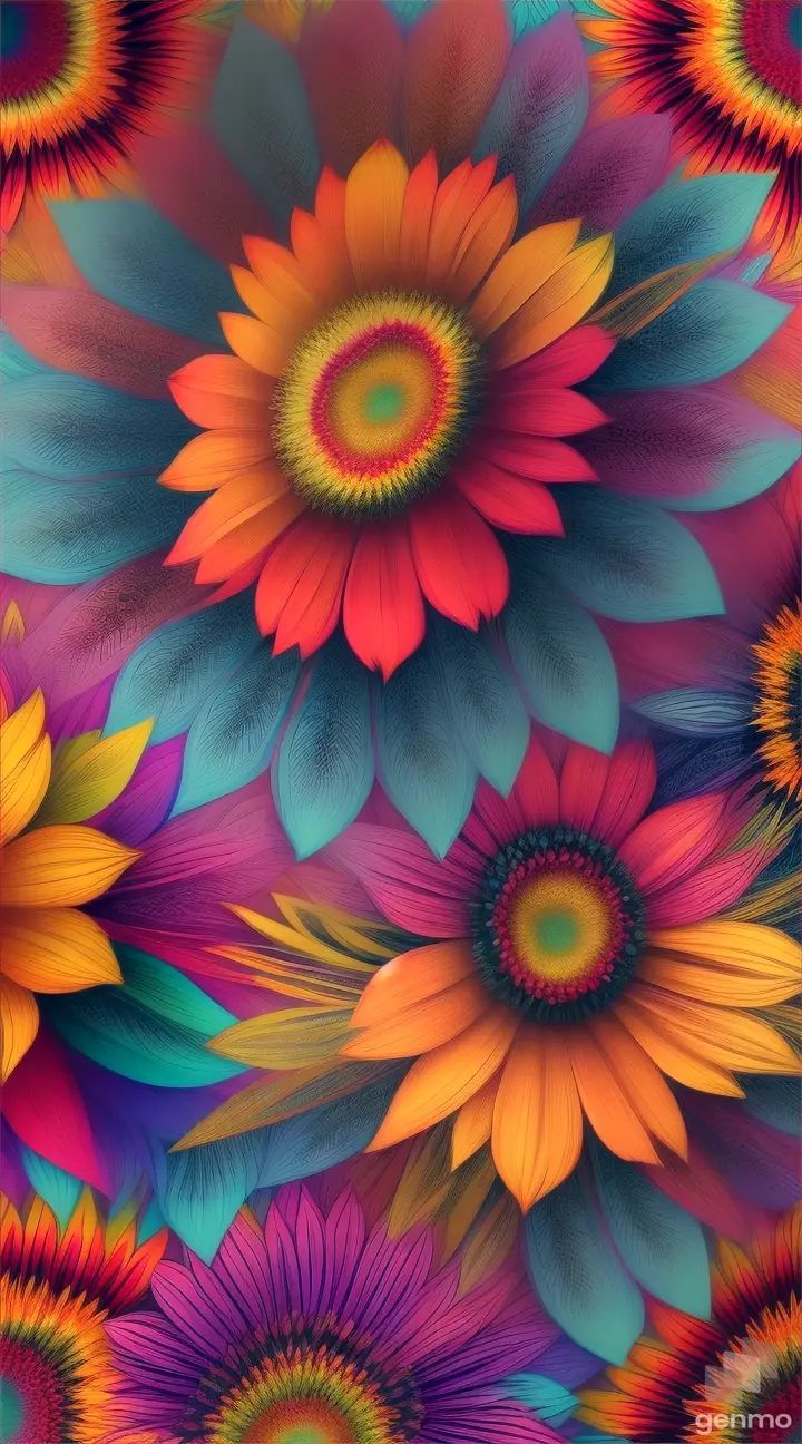 Exotic flowers arranged in a kaleidoscopic pattern, with bright colors and intricate details