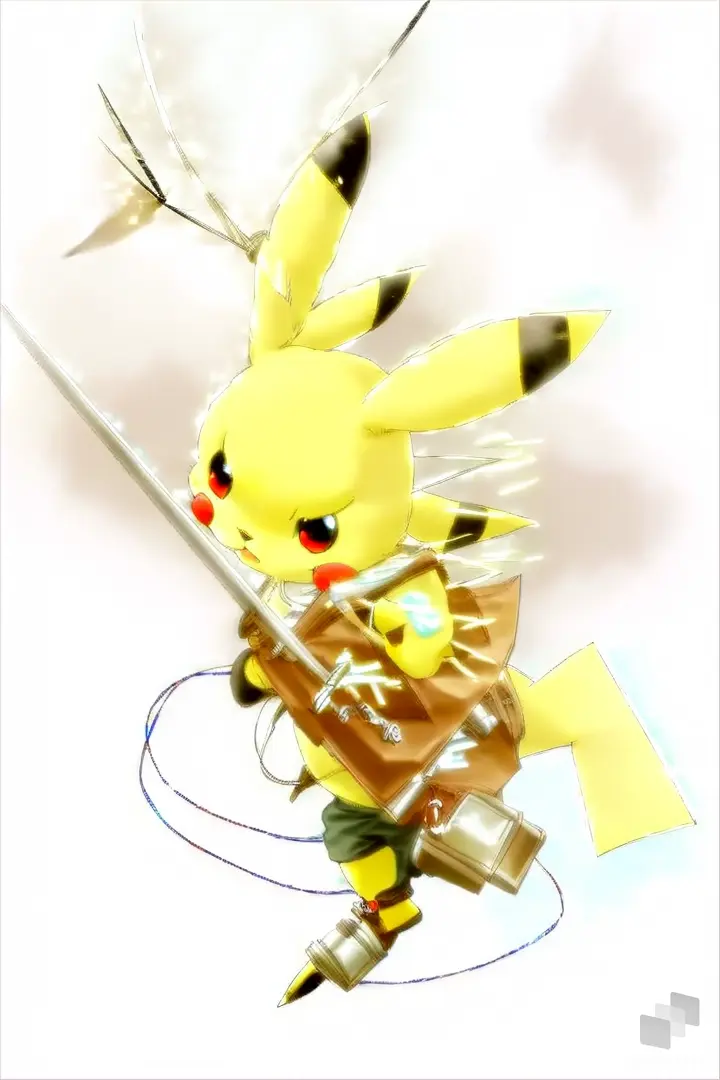 Pikachu with a sword and a sword jumping with electricity coming from his cheeks