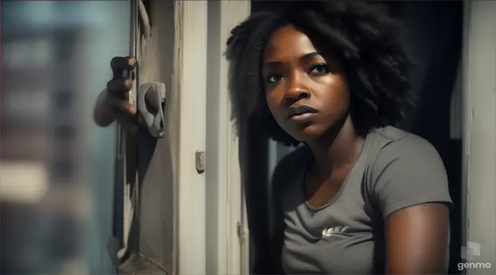 Black woman wears a gray t-shirt and jeans, climbing out of a window looking scared, realistic