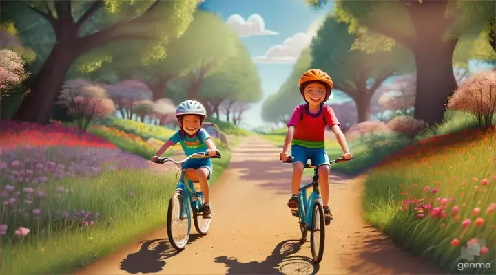 Duas crianças andando de bicicleta em um caminho de terra em meio a floresta; estilo pixar; disney, alegre