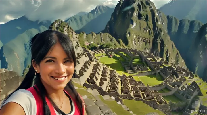 une belle femme de 45 ans, touriste, souriante, aux cheveux noirs et aux yeux verts clairs, avec une frange sur le front et une queue de cheval, se promène sur le Machu Picchu .