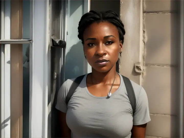 35-year-old black woman, hair tied up, gray t-shirt and jeans, with her back to the camera, climbing a window, outside her house, realistic