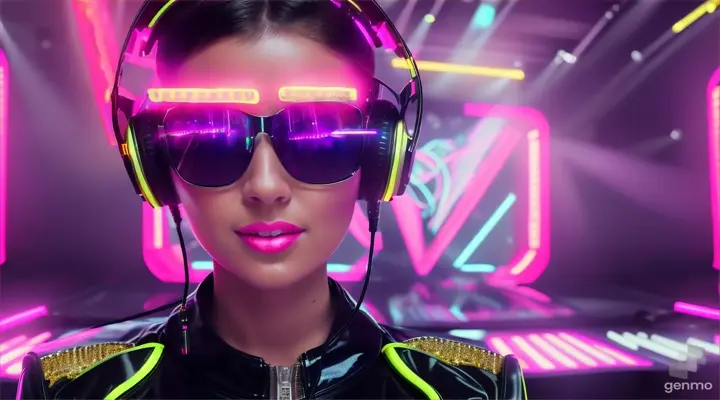 A female DJ in sunglasses, sparkling headphones and a latex jumpsuit with a large neckline, plays techno music, dances and sings a lot of people in the club. Laser beams of bright colors on the background of large television screens. 
