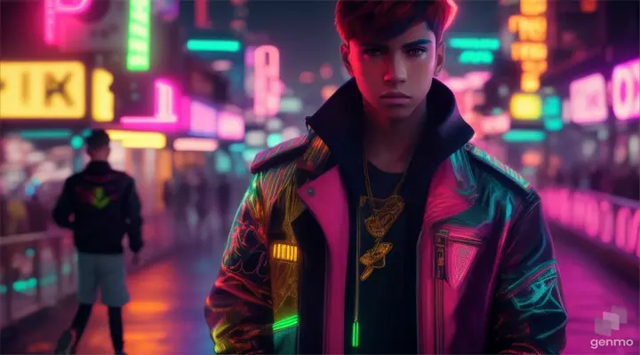 A trap boy in the colorful, neon-soaked world of a city's nightlife