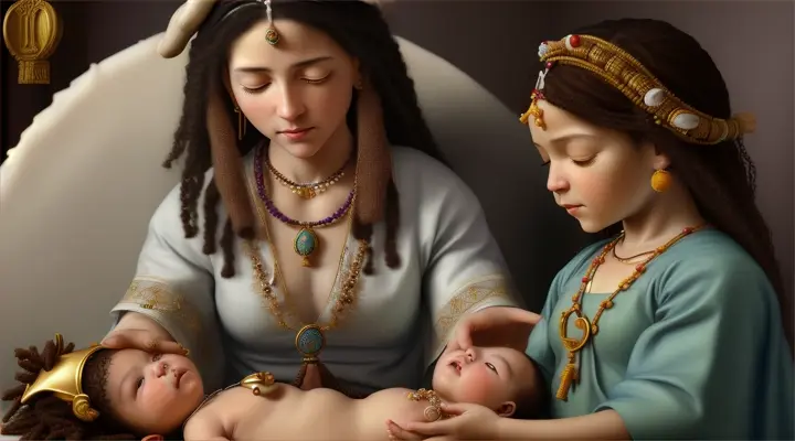 **Ankh of Life:** The midwife, adorned with cowrie shells and beads, gently placing an Ankh amulet on baby Yeshua, symbolizing the eternal life he embodies.