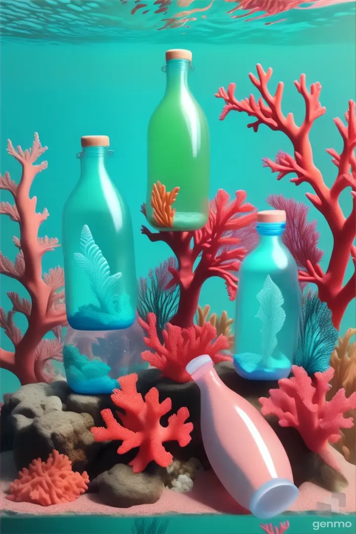 a sample fish bottle and plastic bags some corals in the water