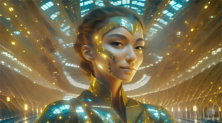 a woman in a futuristic space station with gold glitter on her face