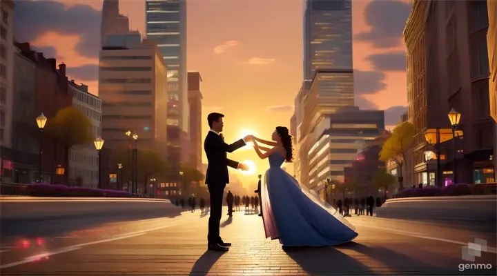 As their love blossoms, imagine them strolling through the heart of the city, hand in hand, beneath a sky painted with hues of twilight. The streets are alive with the flickering glow of streetlights and the gentle rustle of leaves. In this moment, the pianist kneels before the violinist, a velvet box cradled in his trembling hands.