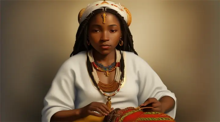 “**Ankh of Life:** The black midwife, adorned with cowrie shells and beads, gently placing an Ankh amulet on black baby Yeshua, symbolizing the eternal life he embodies.”