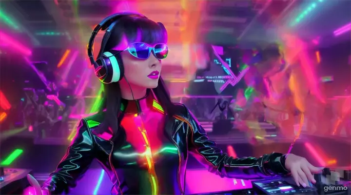 A female DJ in sunglasses, sparkling headphones and a latex jumpsuit with a large neckline, plays techno music, dances and sings a lot of people in the club. Laser beams of bright colors on the background of large television screens. 
