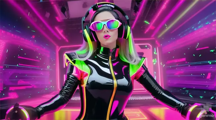 A female DJ in sunglasses, sparkling headphones and a latex jumpsuit with a large neckline, plays techno music, dances and sings a lot of people in the club. Laser beams of bright colors on the background of large television screens. 
