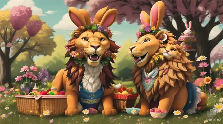 A anthropomorphic lion and rabbit having a picnic in a colorful park, surrounded by flowers and grass