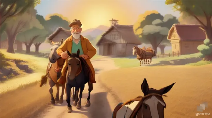 The story should be authentic and traditional. And it should be animated. The old man put wheat on his donkey and rode on his donkey .