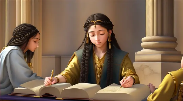 **Wisdom of the Ancients:** Young Yeshua, with braids adorned with gold rings, studying papyrus scrolls alongside elder scholars in a temple courtyard, sunlight glinting off the obelisks.