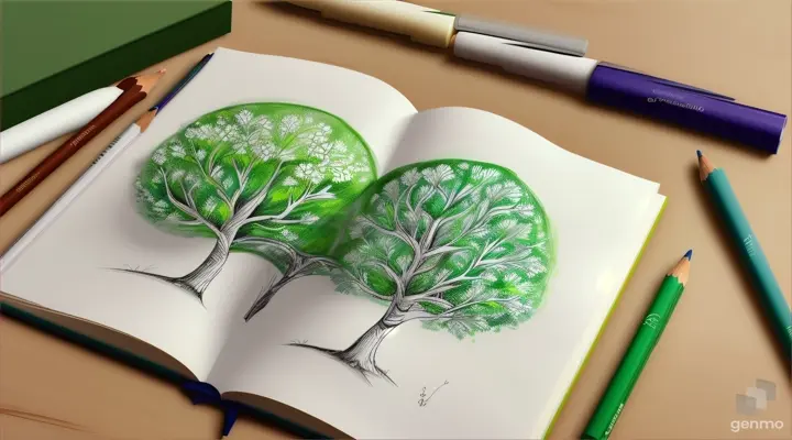 Imagine uma folha de papel em branco de uma caderno de desenho. Sobre uma grama. Imagem estilo Desenho Animado. 1280x720 pixels 