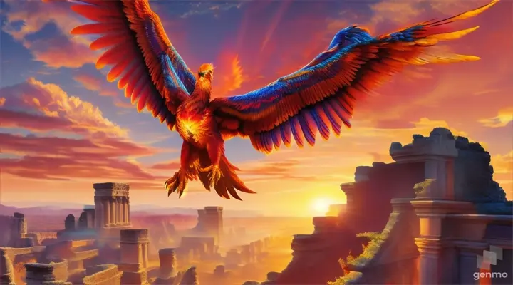 Majestic phoenix soaring over ancient ruins at sunset, vibrant flames, digital painting