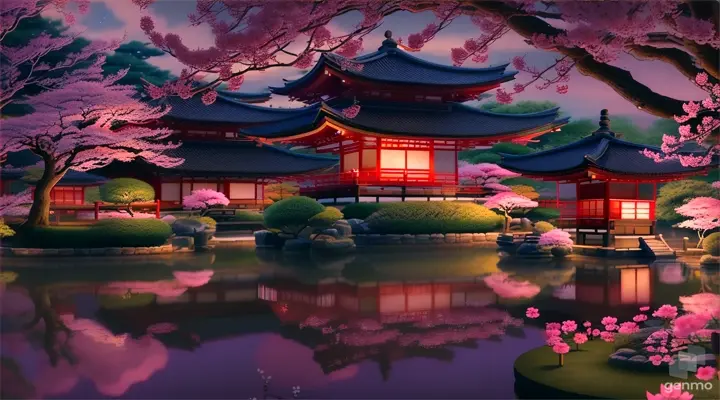 nighttime scene of a japanese garden with a pond and a pagoda, calm night. digital illustration, quiet and serene atmosphere, scenery artwork, background artwork, night realism, serene evening atmosphere, inspired by Kanō Naizen, digital painting of a pagoda, anime background art, inspired by Ryōhei Koiso, night scenery, in a japanese town at night