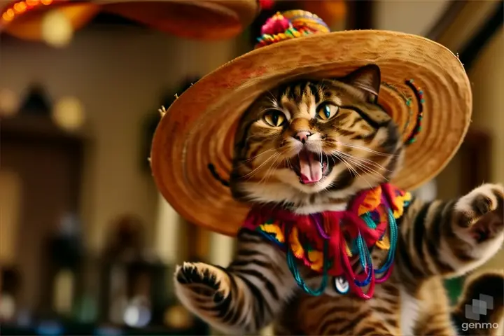 a cat wearing a sombrero and a necklace