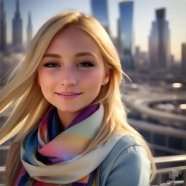 lively natural European girl opens/closes her eyes, her blonde hair fluttering in the wind and a silky scarf, a high-tech cityscape with skyscrapers is visible on the horizon