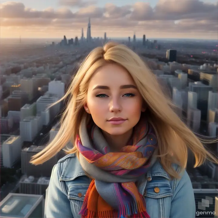lively natural European girl opens/closes her eyes, her blonde hair fluttering in the wind and a silky scarf, a high-tech cityscape with skyscrapers is visible on the horizon