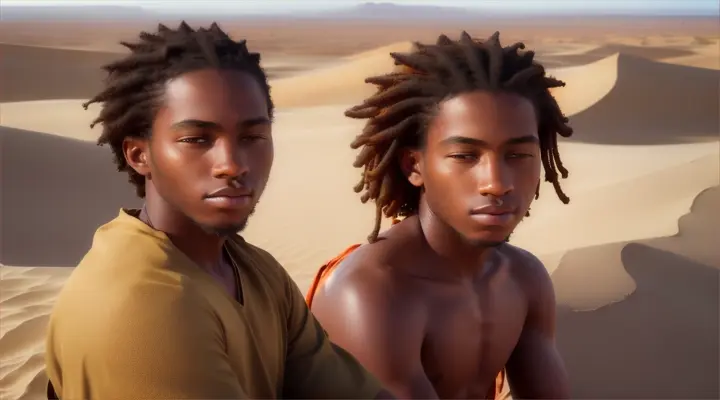  **Desert Dreams:** Yeshua, a teenager with dark, locs, meditating amidst sand dunes, his eyes closed, receiving visions of his destiny under the scorching African sun.