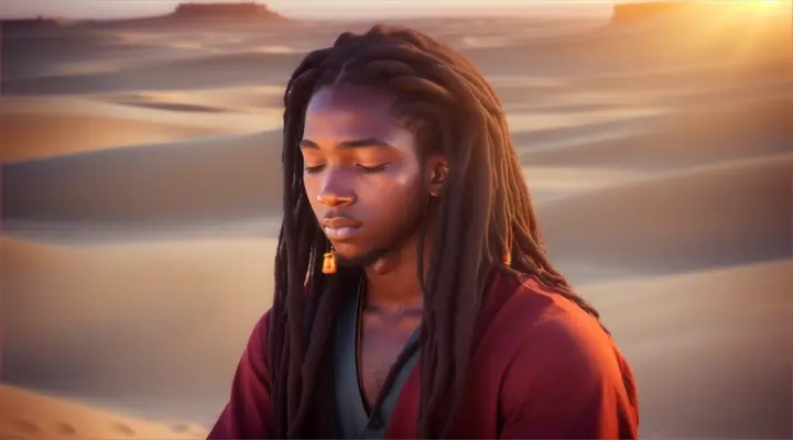  **Desert Dreams:** Yeshua, a teenager with dark, locs, meditating amidst sand dunes, his eyes closed, receiving visions of his destiny under the scorching African sun.