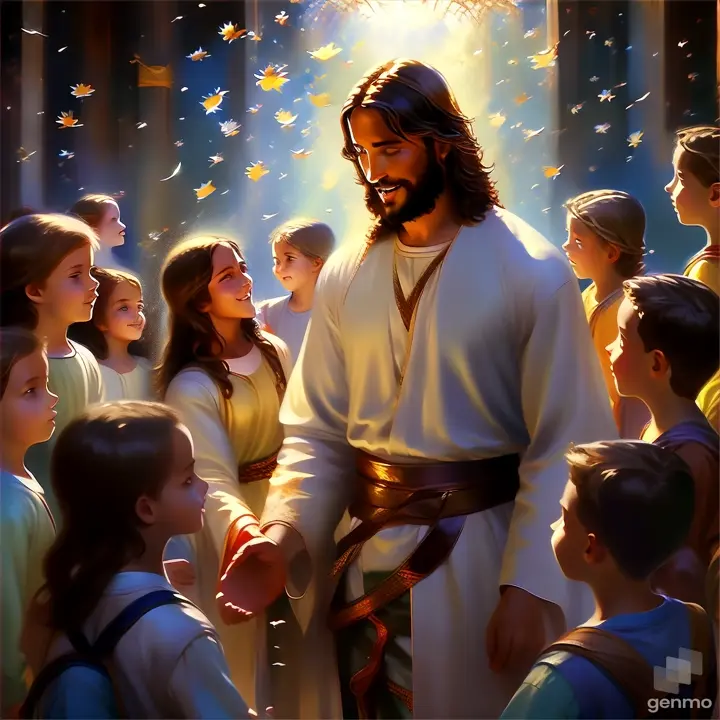 a painting of jesus surrounded by children