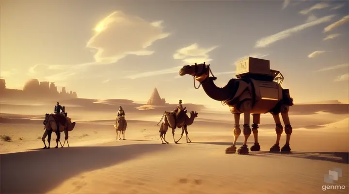 Camel walk in desert with robot