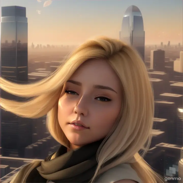 lively natural European girl opens/closes her eyes, her blonde hair fluttering in the wind and a silky scarf, a high-tech cityscape with skyscrapers is visible on the horizon