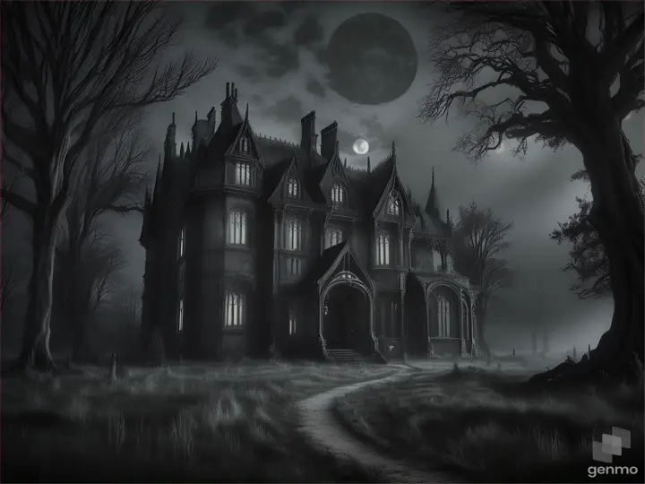 A dark, eerie mansion surrounded by twisted gardens and gnarled trees in the light of the full moon