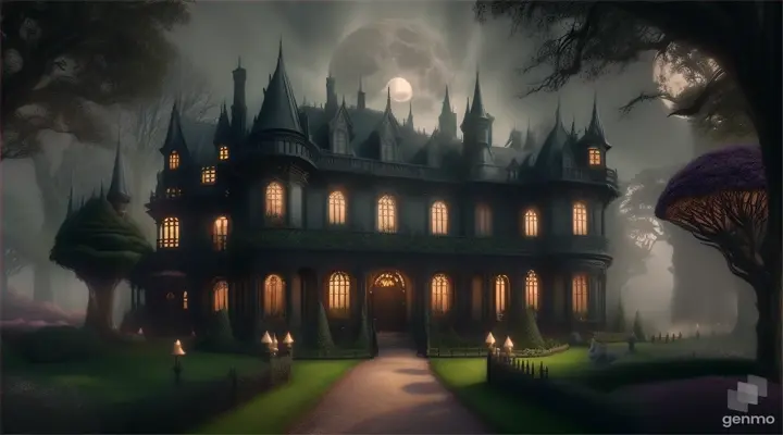 A dark, eerie mansion surrounded by a mystical garden in the light of the full moon, with glowing mushrooms and topiary animals