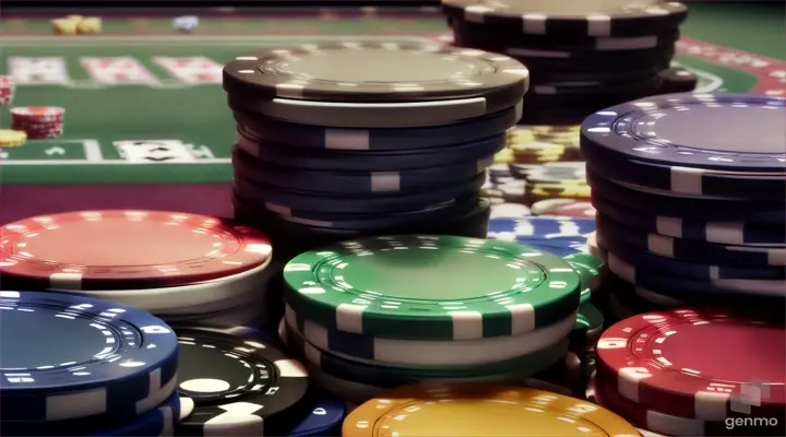 Poker chips with money on table