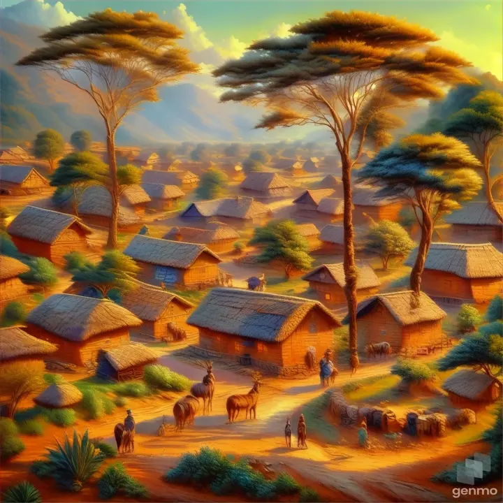 a painting of a village with a deer and a man on a horse