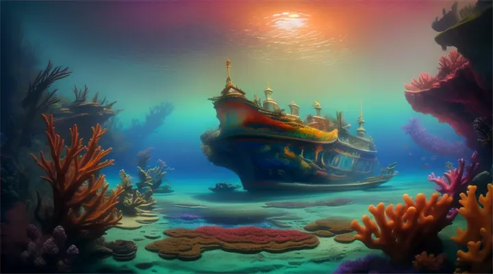 Sunken ship surrounded by rainbow coral and fantastical marine life, with a pastel sky overhead