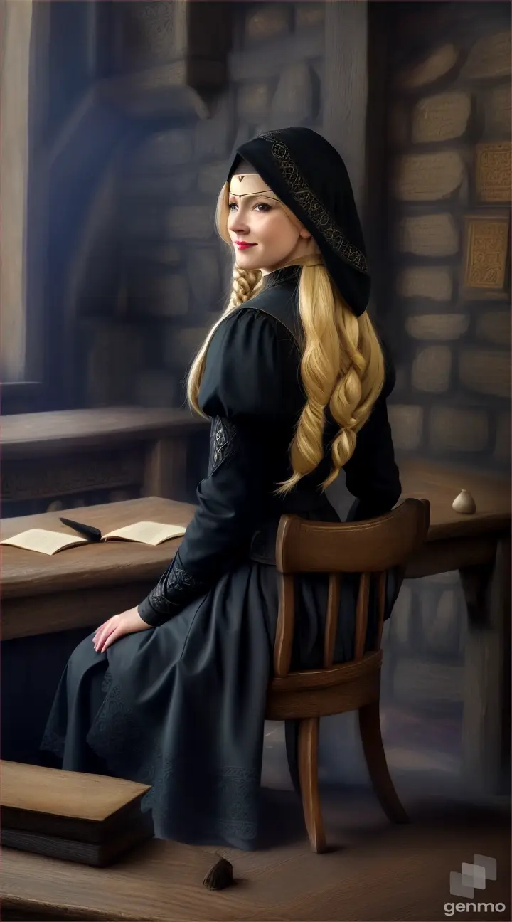 Woman sitting in a small clustered medieval room on a wooden chair with her feet up on a desk. She wears all black and a black eye mask and black hood. Long blond braid. She is smirking and has her feet up on the table 