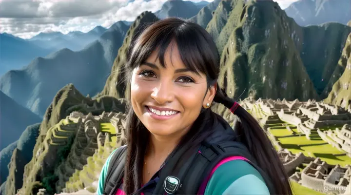 une belle femme de 45 ans, touriste, souriante, aux cheveux noirs et aux yeux verts clairs, avec une frange sur le front et une queue de cheval, visite le Machu Picchu .