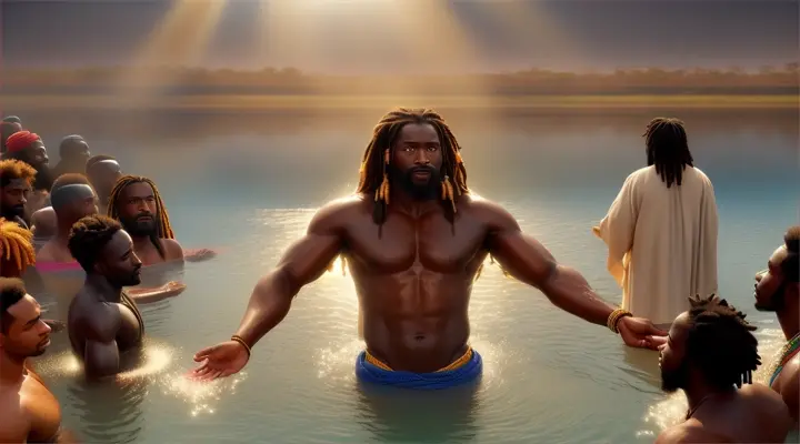 **Nile Baptism:** John the Baptist, a muscular man with dark skin and dreadlocks, baptizing Yeshua in the Nile River, surrounded by a crowd of people in colorful African garb.