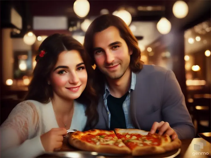 an beautiful girl with her husband enjoying pizza