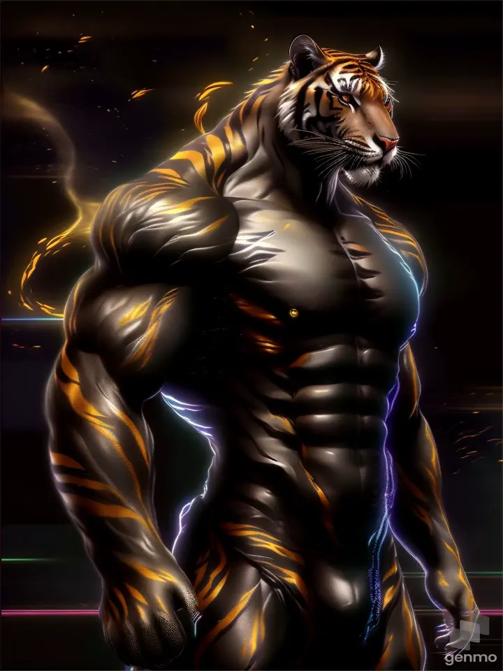 A majestic tiger with glowing stripes in a cavernous setting, illuminated by an ethereal glow