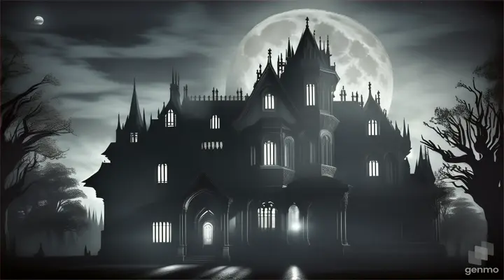A dark, eerie mansion looming against the backdrop of a full moon.