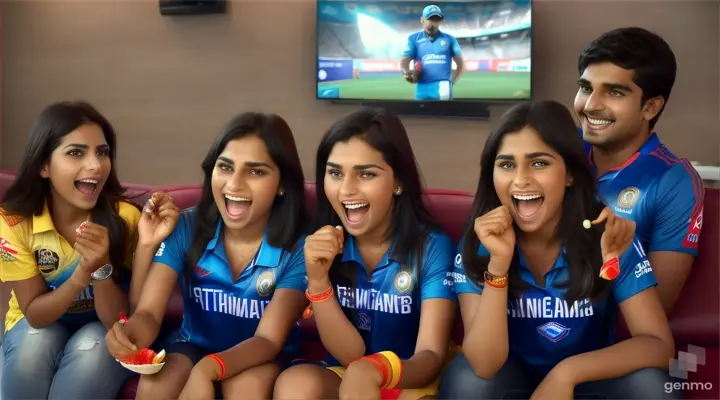 Four friends sit close together on a comfortable sofa, their eyes fixed on a large TV screen broadcasting an IPL cricket match. They're wearing jerseys of their favorite teams, snacks and drinks scattered around them. Excitement and anticipation fill the room as they cheer and react to the game's thrilling moments."bake side of t-shirt written them name "vipul","kashyap","divyesh", "dashrath"