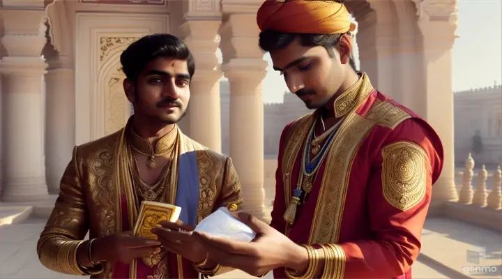 A young man giving packet of medicine to King in Indian style 