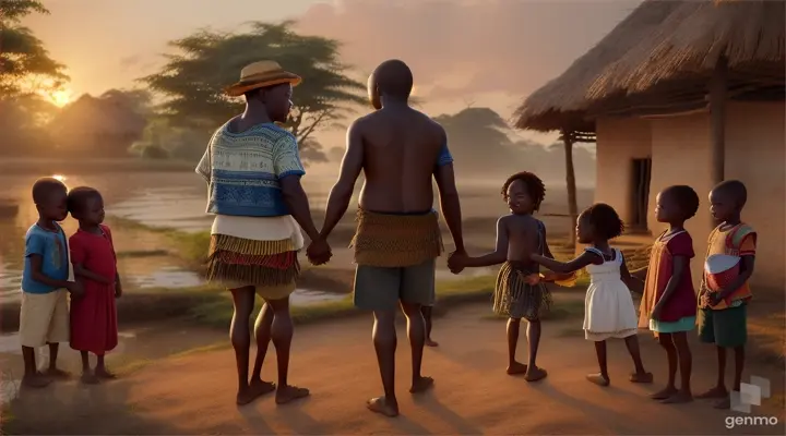 "on 16.9 landscape setting create the moment when the two sets of Igbo families in Umuobi come together and agree to share the land, they exchange handshakes with smiles of reconciliation on their faces." in igboland." magical, fairytale, highly detailed, professional colours, soft lighting, realistic ,