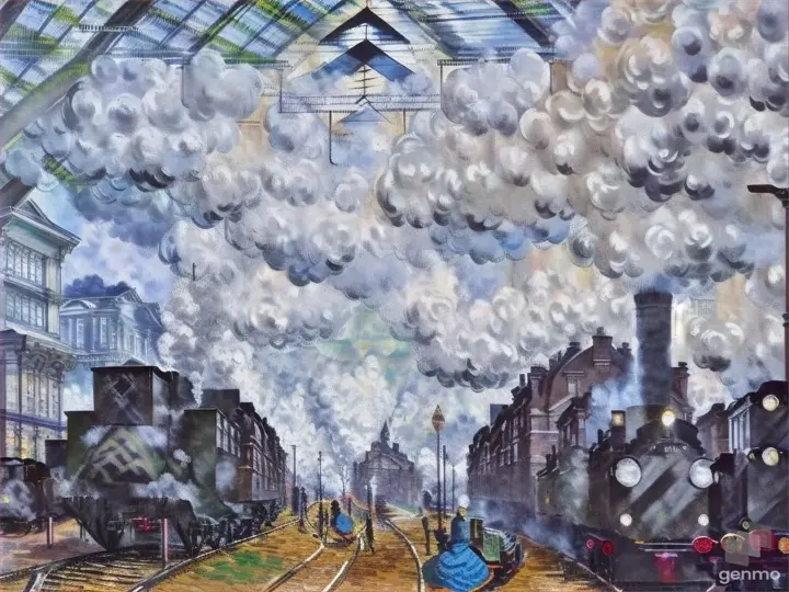 a painting of a train pulling into a train station