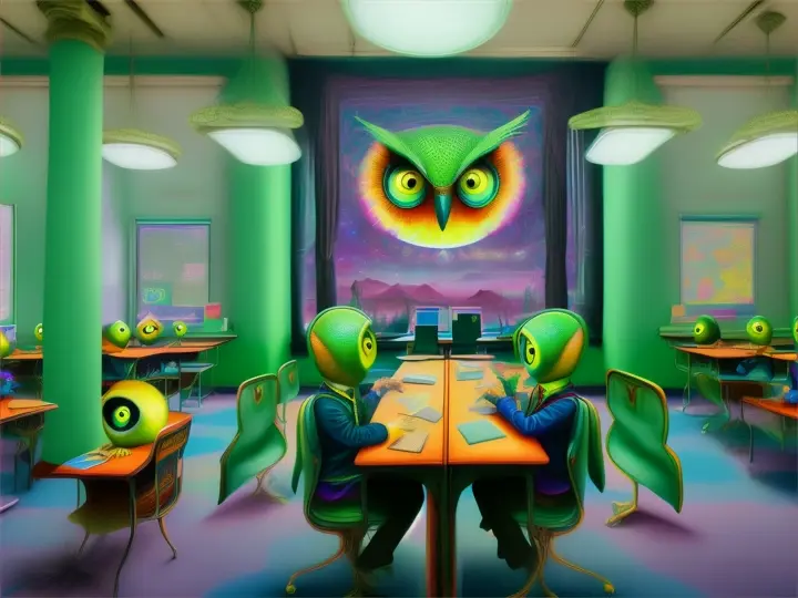 Aliens sit at desks in a regular school and listen to a Duolingo lesson from a green owl