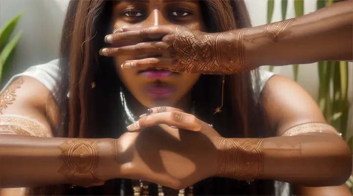 **Healing with Herbs:** Yeshua, with hands adorned with intricate henna patterns, applying poultices made from indigenous plants to heal the sick and injured.